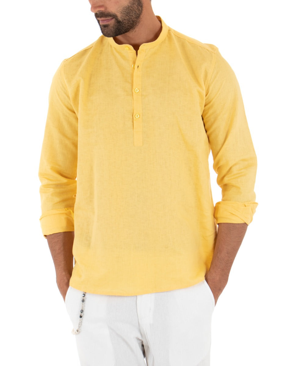 Camicia Uomo Serafino Casacca Manica Lunga Lino Tinta Unita Sartoriale Giallo GIOSAL-C1971A