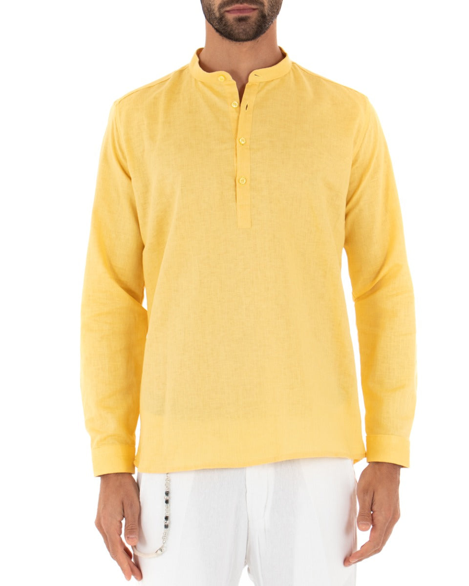 Camicia Uomo Serafino Casacca Manica Lunga Lino Tinta Unita Sartoriale Giallo GIOSAL-C1971A