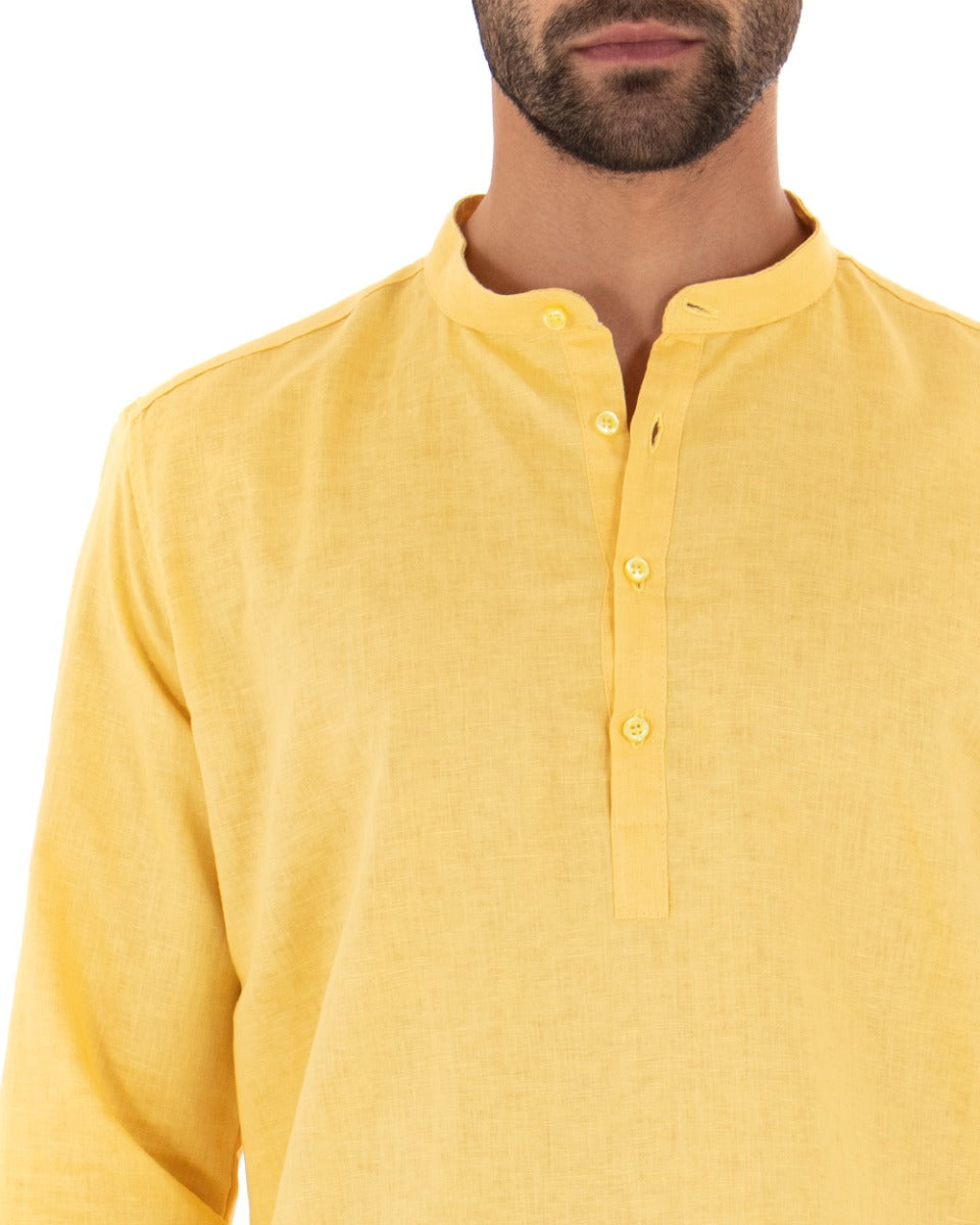 Camicia Uomo Serafino Casacca Manica Lunga Lino Tinta Unita Sartoriale Giallo GIOSAL-C1971A