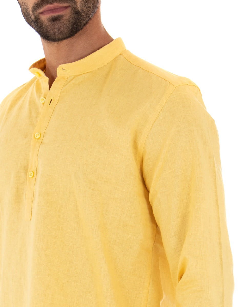 Camicia Uomo Serafino Casacca Manica Lunga Lino Tinta Unita Sartoriale Giallo GIOSAL-C1971A