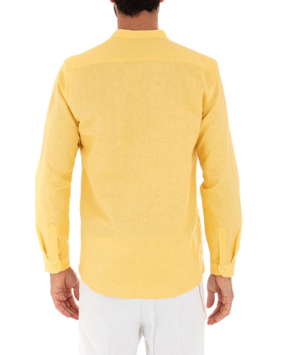 Camicia Uomo Serafino Casacca Manica Lunga Lino Tinta Unita Sartoriale Giallo GIOSAL-C1971A