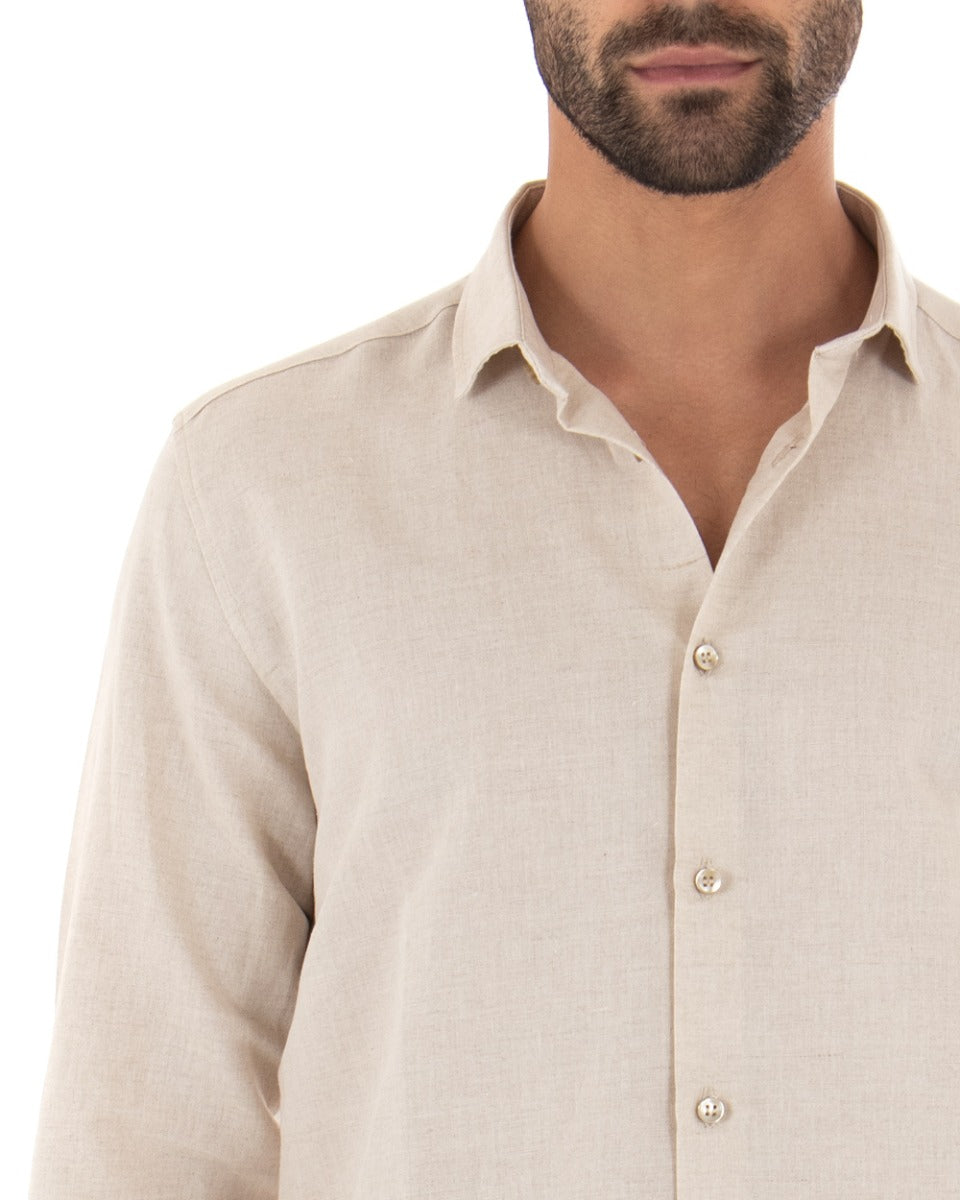 Camicia Uomo Con Colletto Francese Manica Lunga Lino Tinta Unita Sartoriale Beige GIOSAL-C1993A