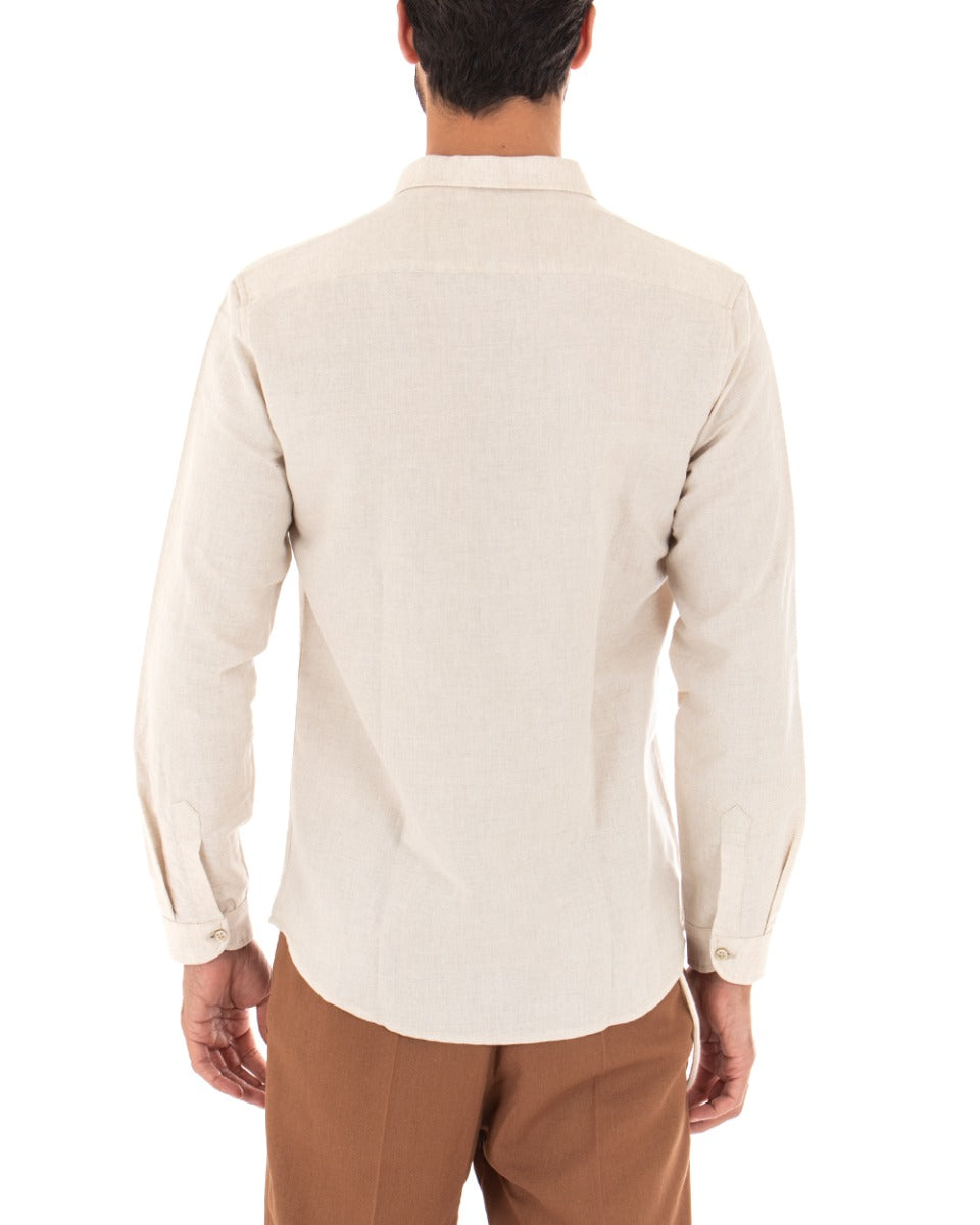 Camicia Uomo Con Colletto Francese Manica Lunga Lino Tinta Unita Sartoriale Beige GIOSAL-C1993A