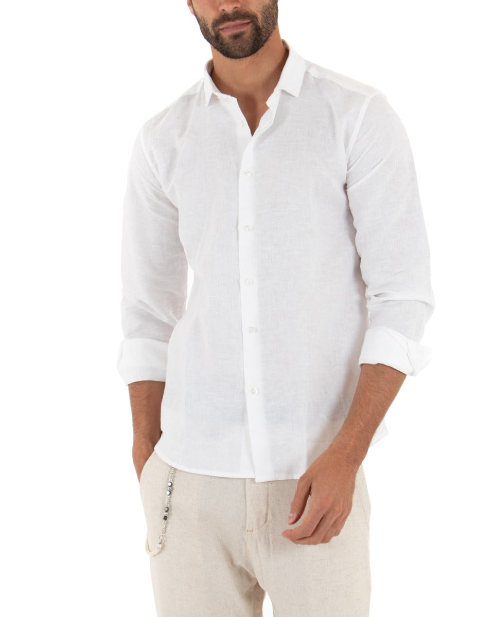 Camicia Uomo Con Colletto Francese Manica Lunga Lino Tinta Unita Sartoriale Bianco GIOSAL-C2000A
