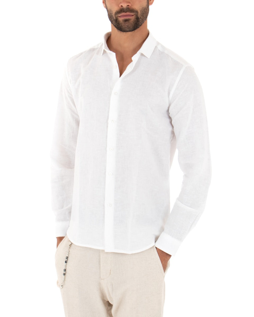 Camicia Uomo Con Colletto Francese Manica Lunga Lino Tinta Unita Sartoriale Bianco GIOSAL-C2000A