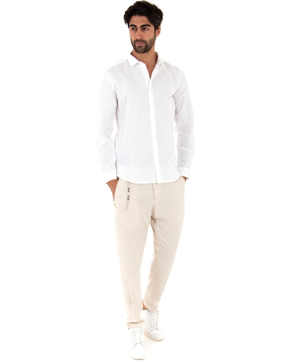Camicia Uomo Con Colletto Francese Manica Lunga Lino Tinta Unita Sartoriale Bianco GIOSAL-C2000A