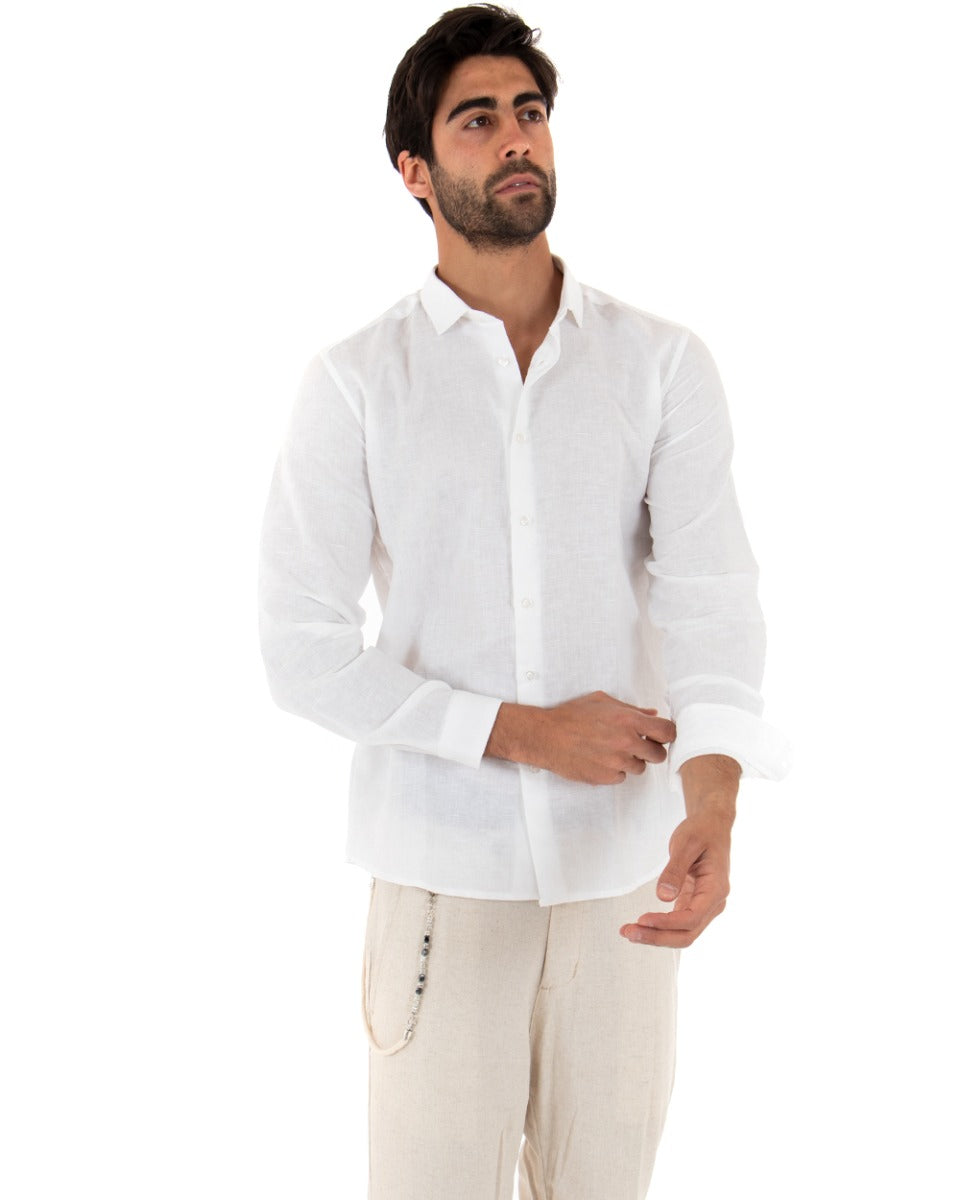 Camicia Uomo Con Colletto Francese Manica Lunga Lino Tinta Unita Sartoriale Bianco GIOSAL-C2000A