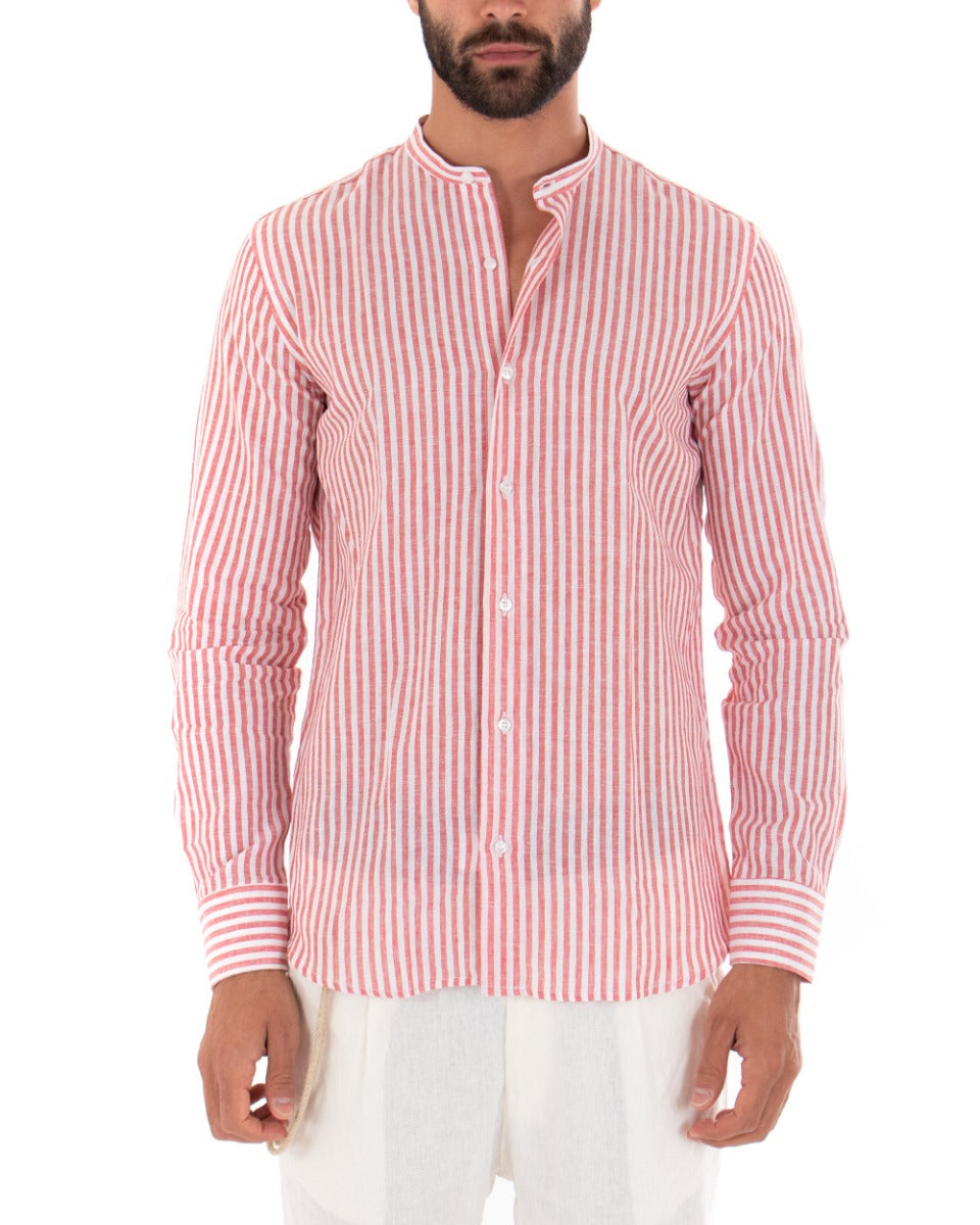 Camicia Uomo Riga Sottile Collo Coreano Manica Lunga Lino Sartoriale Rosso GIOSAL-C2015A