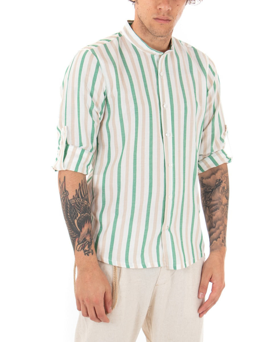 Camicia Uomo Collo Coreano Manica Lunga Viscosa Rigata Verde GIOSAL-C2047A