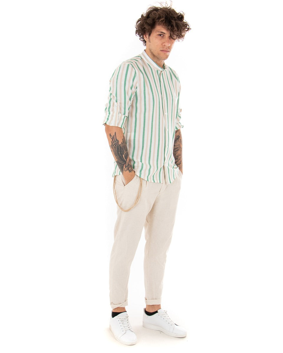 Camicia Uomo Collo Coreano Manica Lunga Viscosa Rigata Verde GIOSAL-C2047A