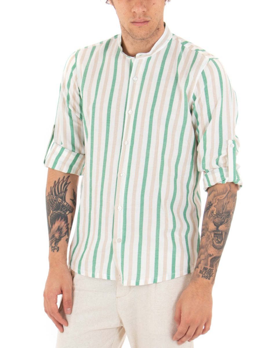 Camicia Uomo Collo Coreano Manica Lunga Viscosa Rigata Verde GIOSAL-C2047A