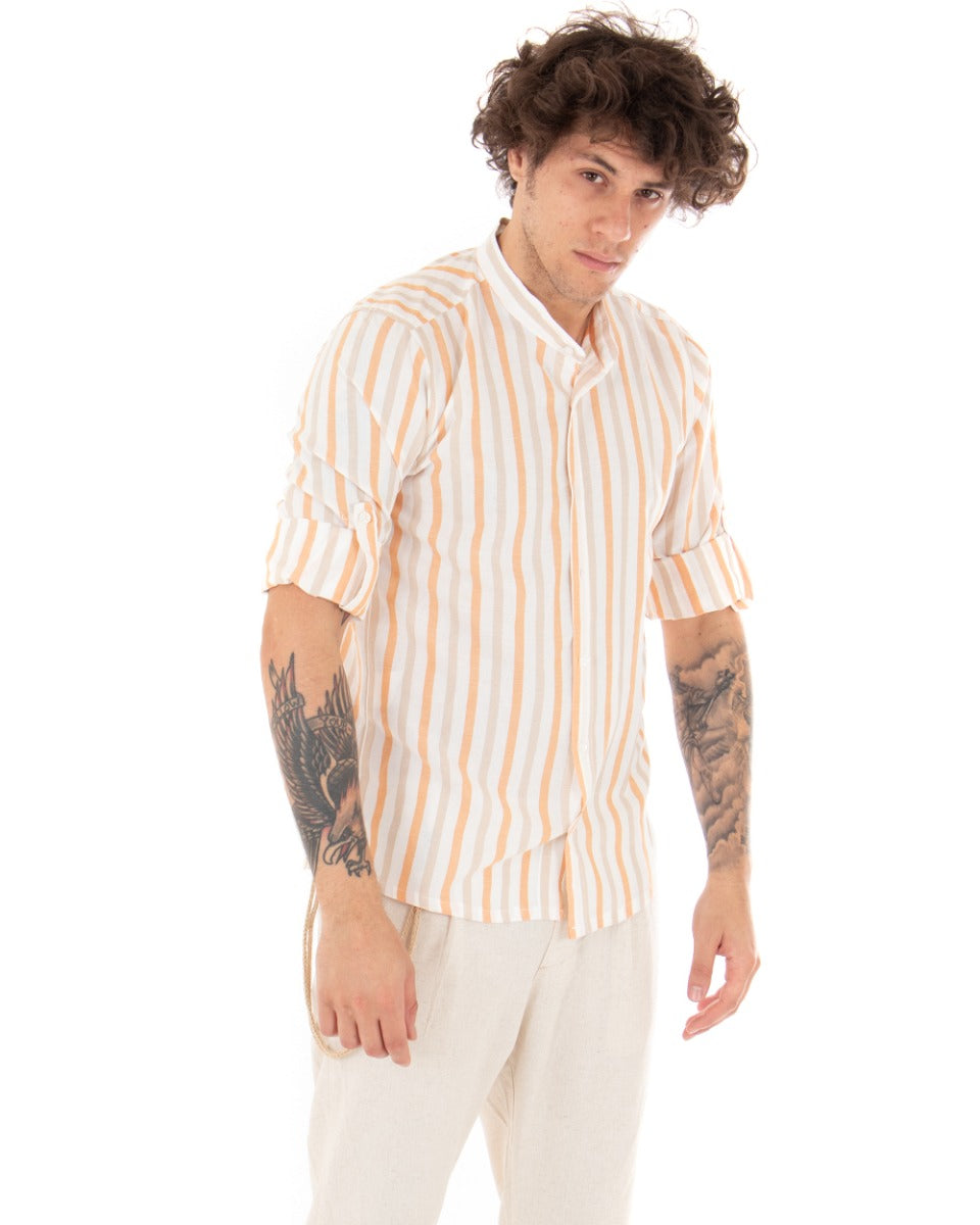 Camicia Uomo Collo Coreano Manica Lunga Viscosa Rigata Arancione GIOSAL-C2049A