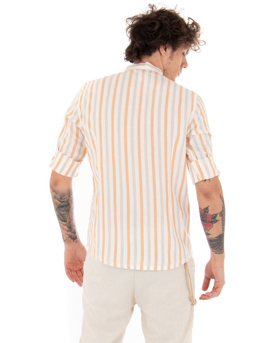Camicia Uomo Collo Coreano Manica Lunga Viscosa Rigata Arancione GIOSAL-C2049A
