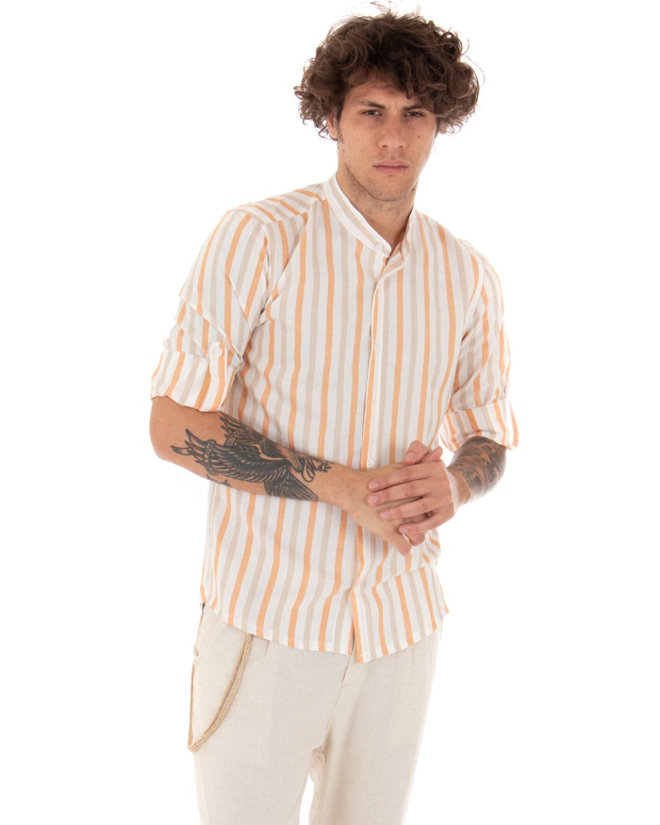 Camicia Uomo Collo Coreano Manica Lunga Viscosa Rigata Arancione GIOSAL-C2049A