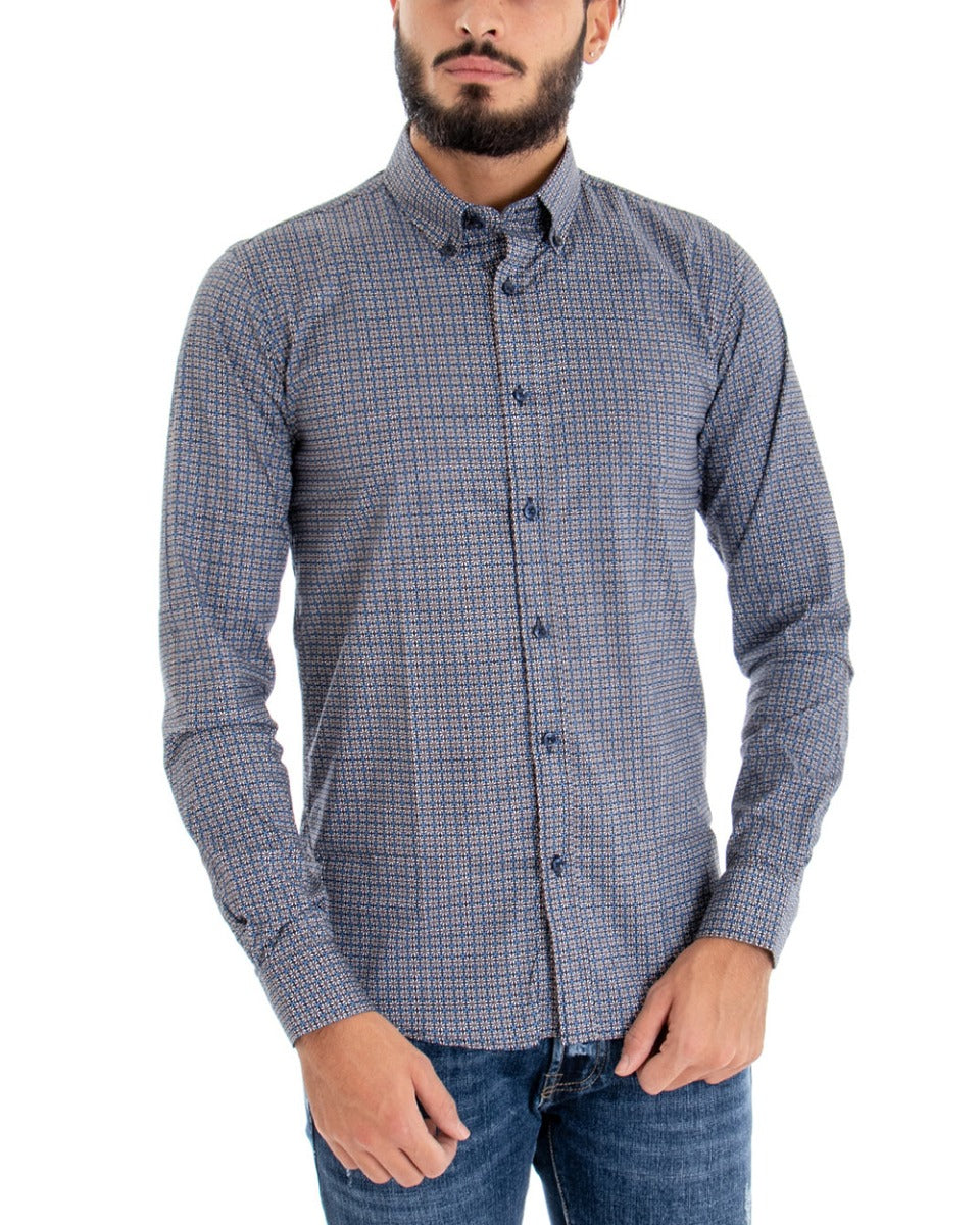 Camicia Uomo Con Colletto Manica Lunga Slim Fit Micro Fantasia Blu GIOSAL-C2084A