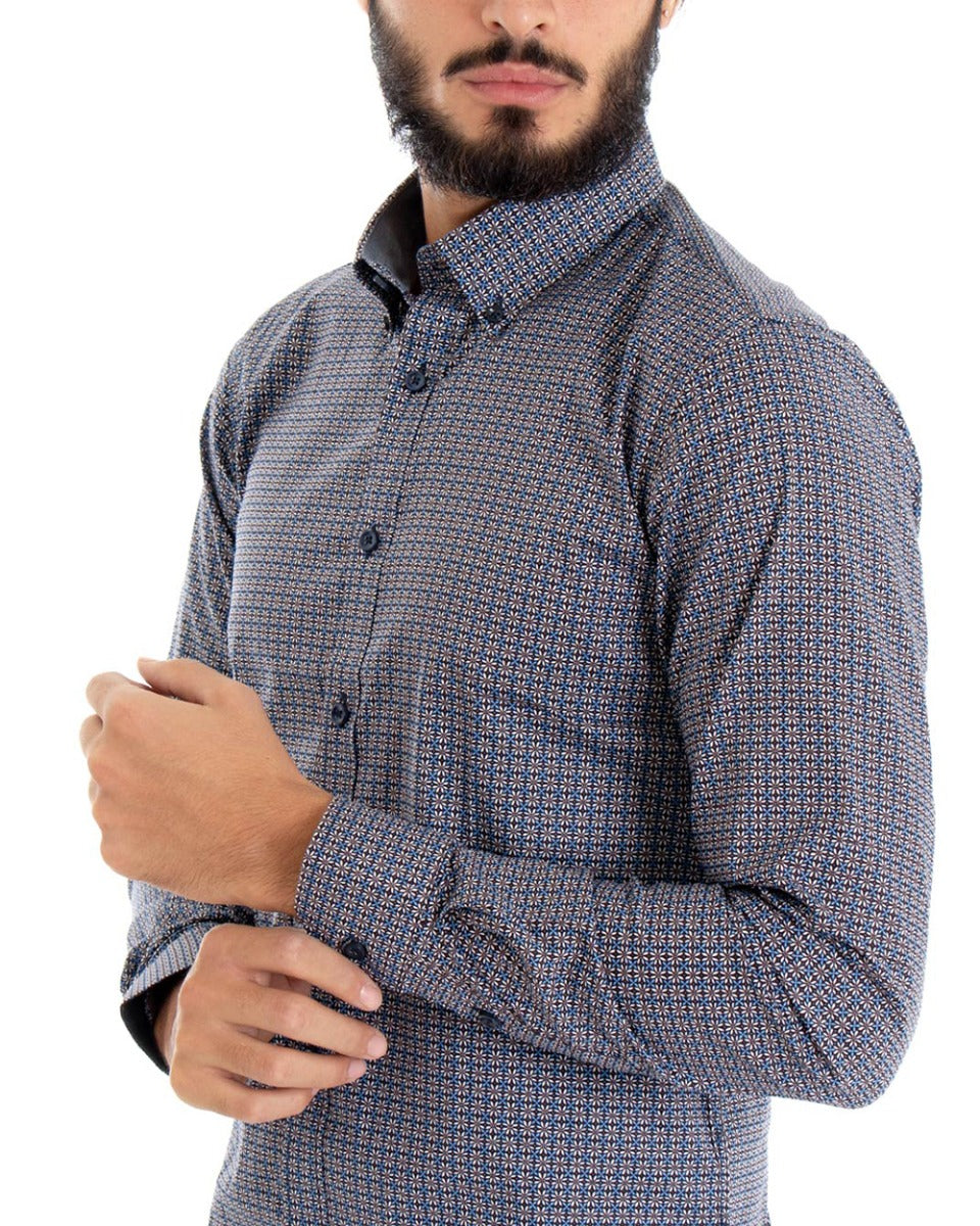 Camicia Uomo Con Colletto Manica Lunga Slim Fit Micro Fantasia Blu GIOSAL-C2084A