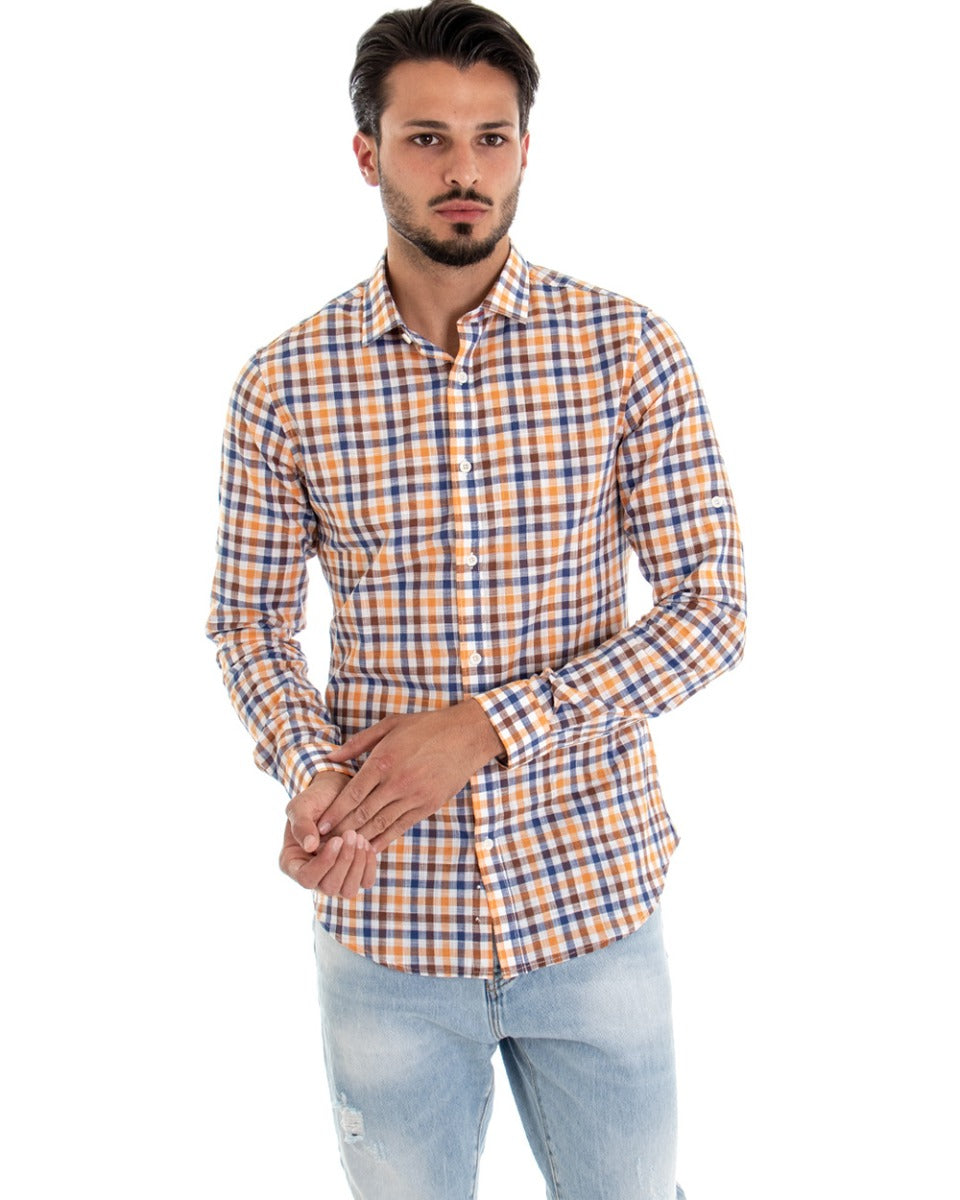 Camicia Uomo Con Colletto Manica Lunga Fantasia Quadretti Blu GIOSAL-C2091A