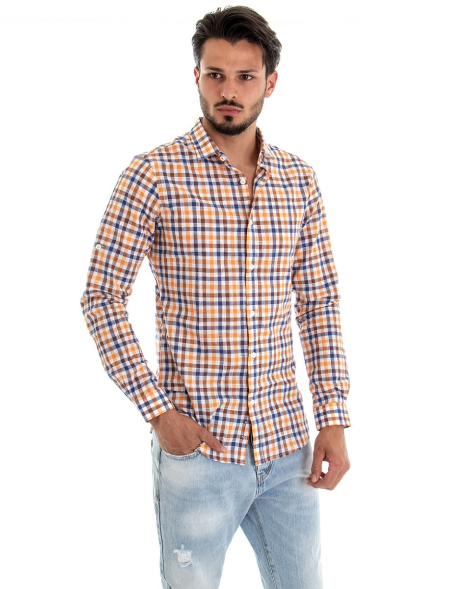 Camicia Uomo Con Colletto Manica Lunga Fantasia Quadretti Blu GIOSAL-C2091A