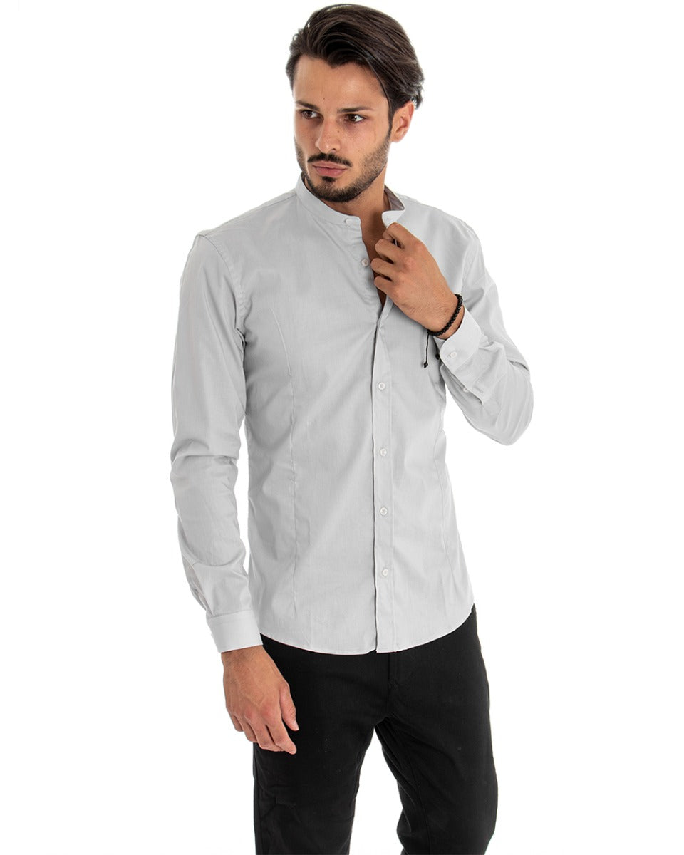 Camicia Uomo Collo Coreano Manica Lunga Tinta Unita Slim Fit Basic Grigio Chiaro GIOSAL-C2093A