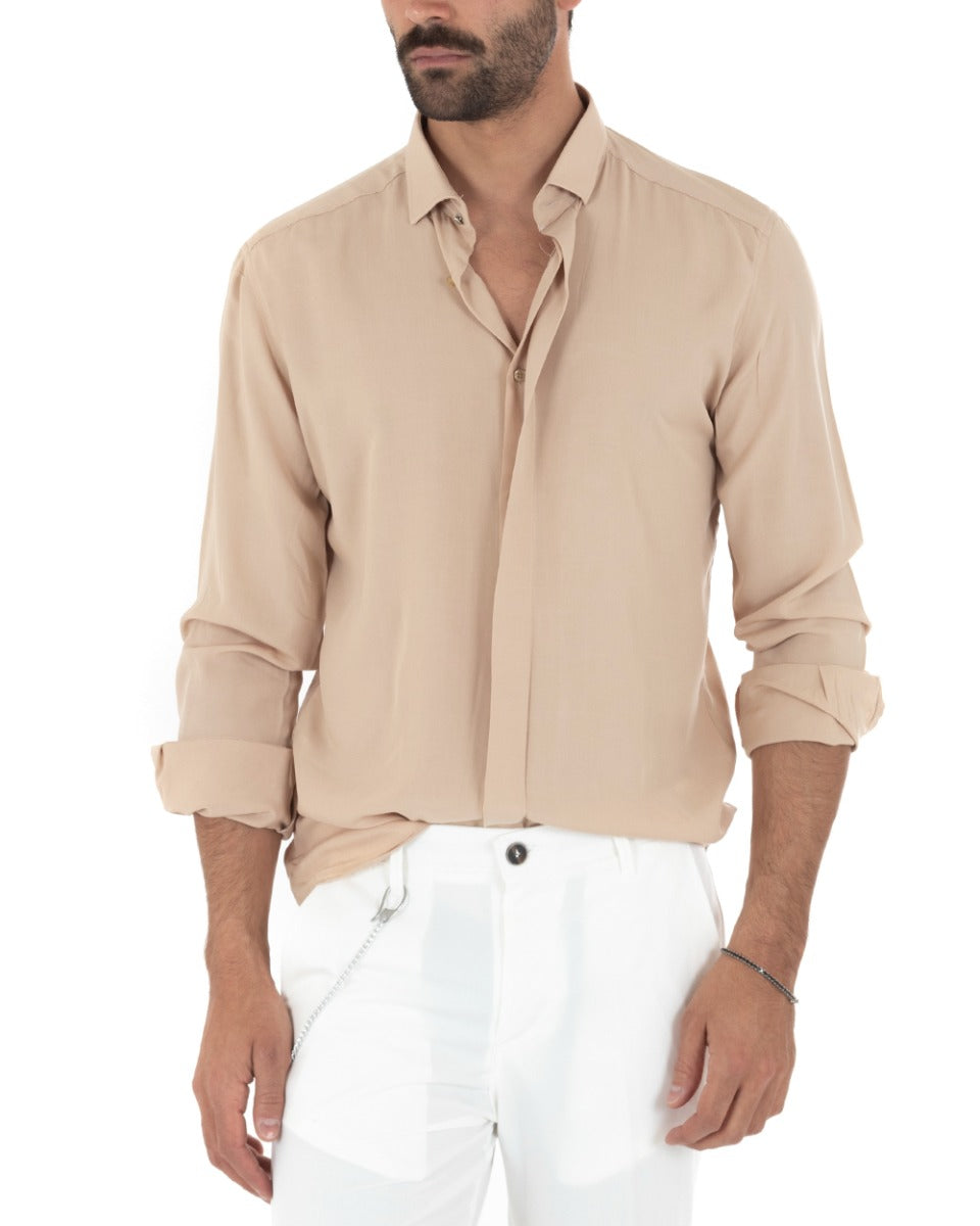 Camicia Uomo Con Colletto Manica Lunga Viscosa Morbida Comoda Beige GIOSAL-C2326A