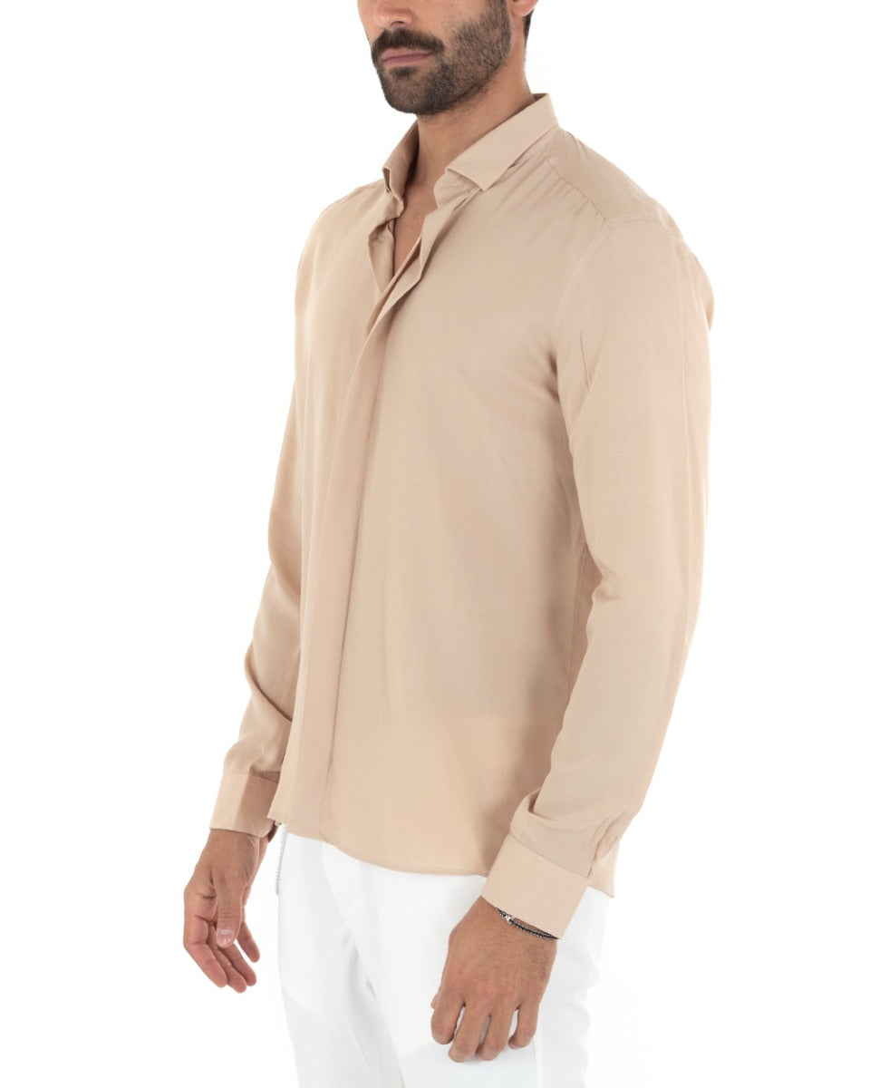 Camicia Uomo Con Colletto Manica Lunga Viscosa Morbida Comoda Beige GIOSAL-C2326A