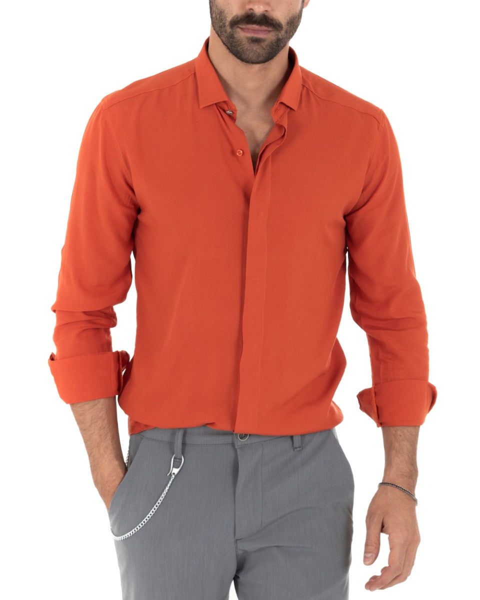 Camicia Uomo Con Colletto Manica Lunga Viscosa Morbida Comoda Arancione GIOSAL-C2328A