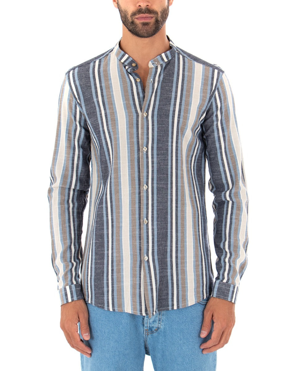 Camicia Uomo Collo Coreano Lino Rigata Sartoriale Blu GIOSAL-C2342A