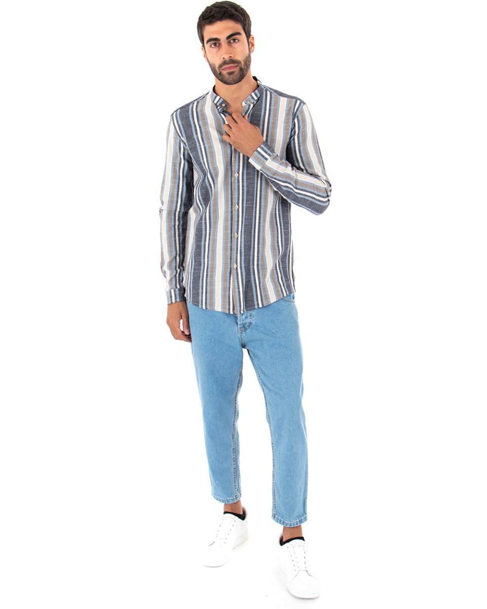 Camicia Uomo Collo Coreano Lino Rigata Sartoriale Blu GIOSAL-C2342A