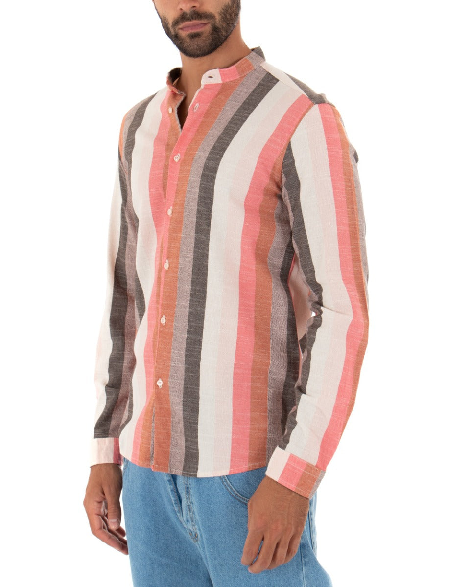 Camicia Uomo Collo Coreano Lino Rigata Sartoriale Corallo GIOSAL-C2343A