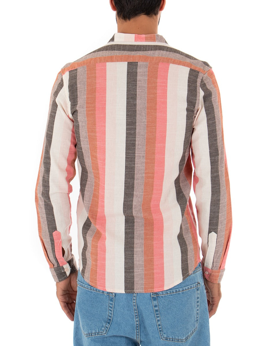 Camicia Uomo Collo Coreano Lino Rigata Sartoriale Corallo GIOSAL-C2343A