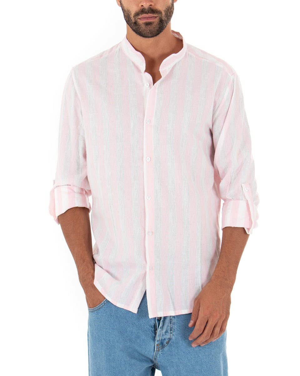 Camicia Uomo Collo Coreano Manica Lunga Lino Rigata Rosa GIOSAL-C2344A