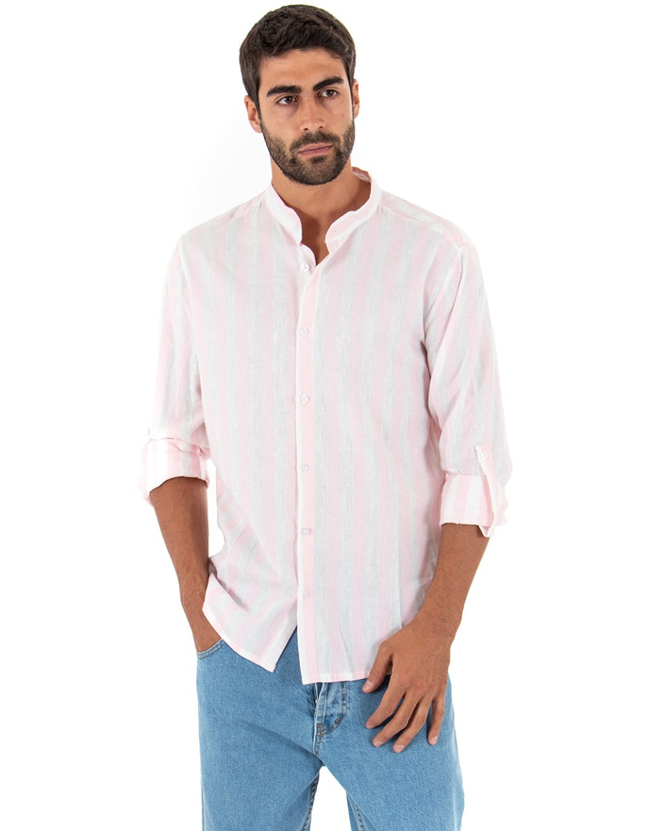 Camicia Uomo Collo Coreano Manica Lunga Lino Rigata Rosa GIOSAL-C2344A