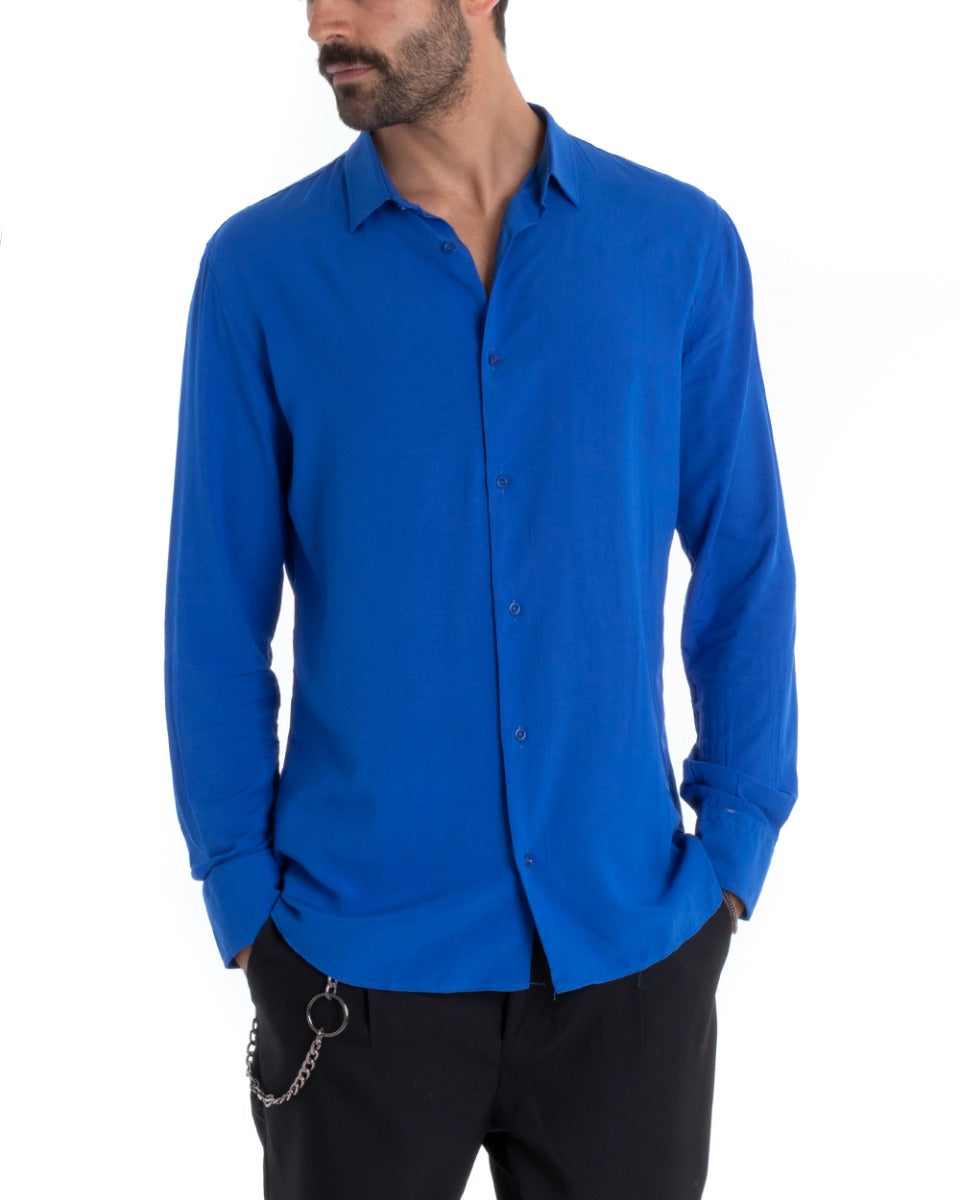 Camicia Uomo Sartoriale Con Colletto Maniche Lunghe Basic Viscosa Morbida Blu Royal GIOSAL-C2362A