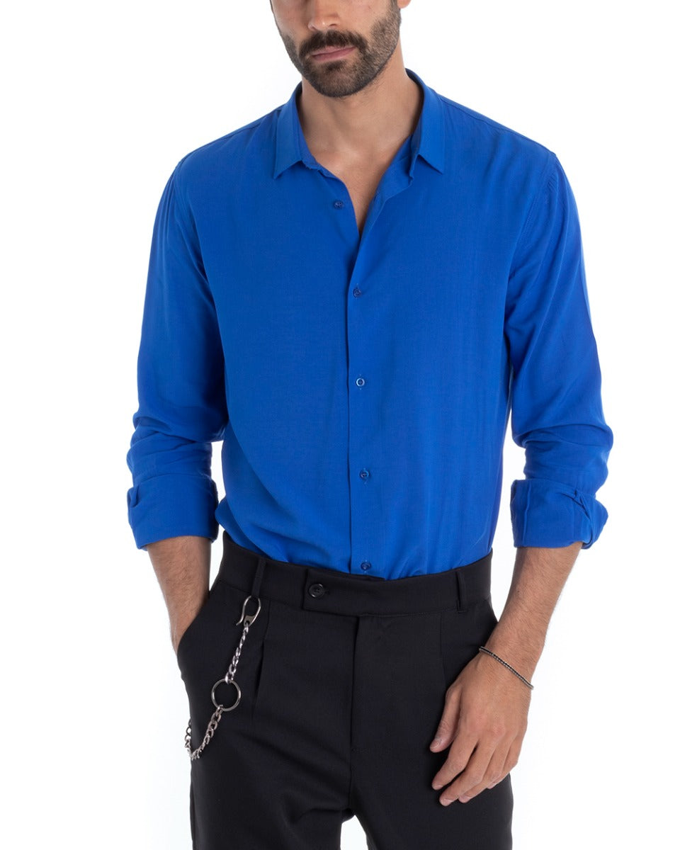 Camicia Uomo Sartoriale Con Colletto Maniche Lunghe Basic Viscosa Morbida Blu Royal GIOSAL-C2362A