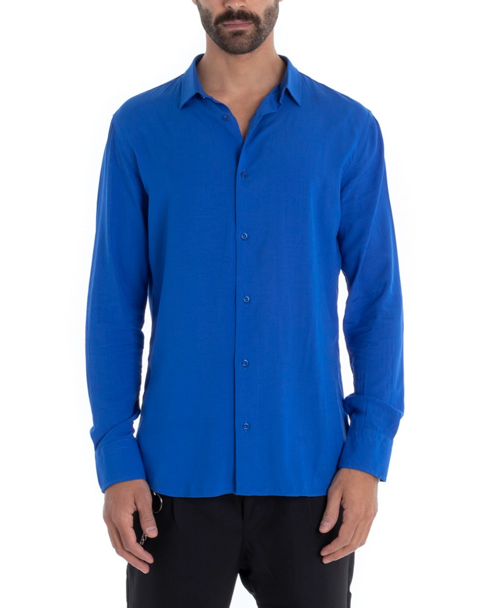 Camicia Uomo Sartoriale Con Colletto Maniche Lunghe Basic Viscosa Morbida Blu Royal GIOSAL-C2362A