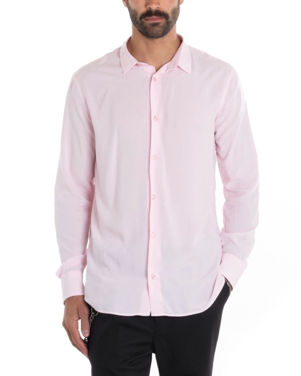 Camicia Uomo Sartoriale Con Colletto Maniche Lunghe Basic Viscosa Morbida Rosa GIOSAL-C2363A