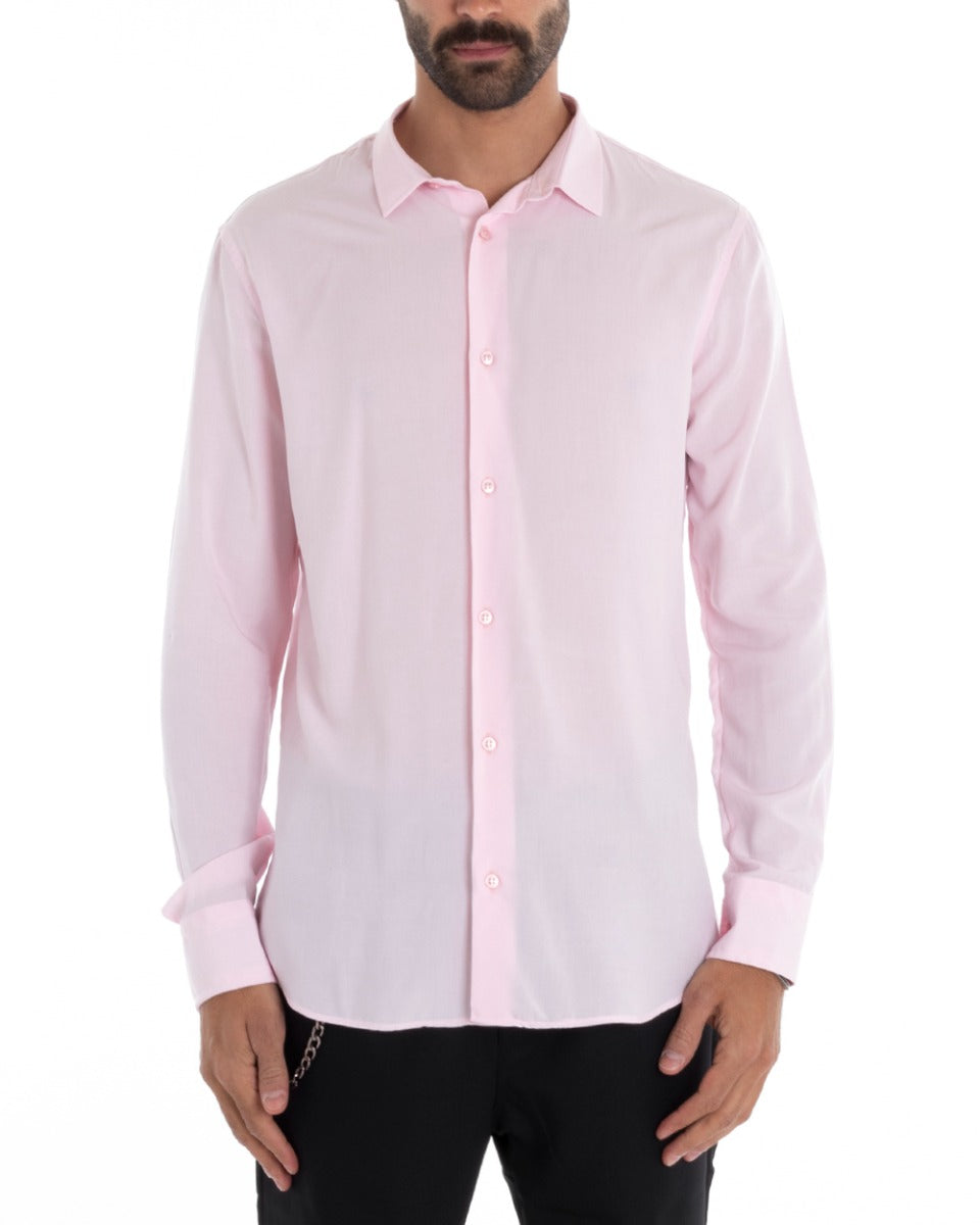 Camicia Uomo Sartoriale Con Colletto Maniche Lunghe Basic Viscosa Morbida Rosa GIOSAL-C2363A