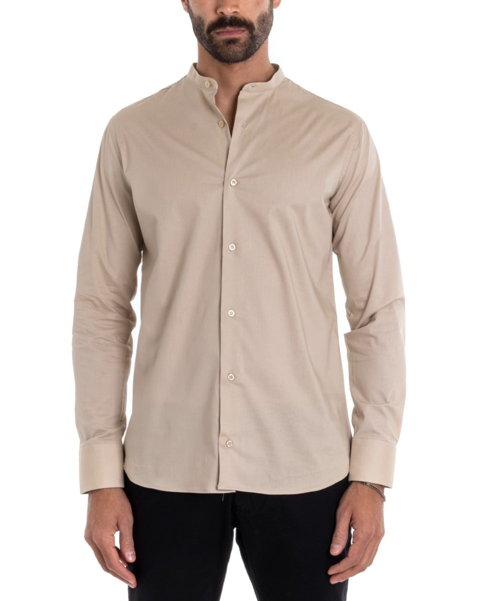 Camicia Uomo Sartoriale Collo Coreano Manica Lunga Basic Cotone Morbido Beige Regular Fit GIOSAL-C2373A