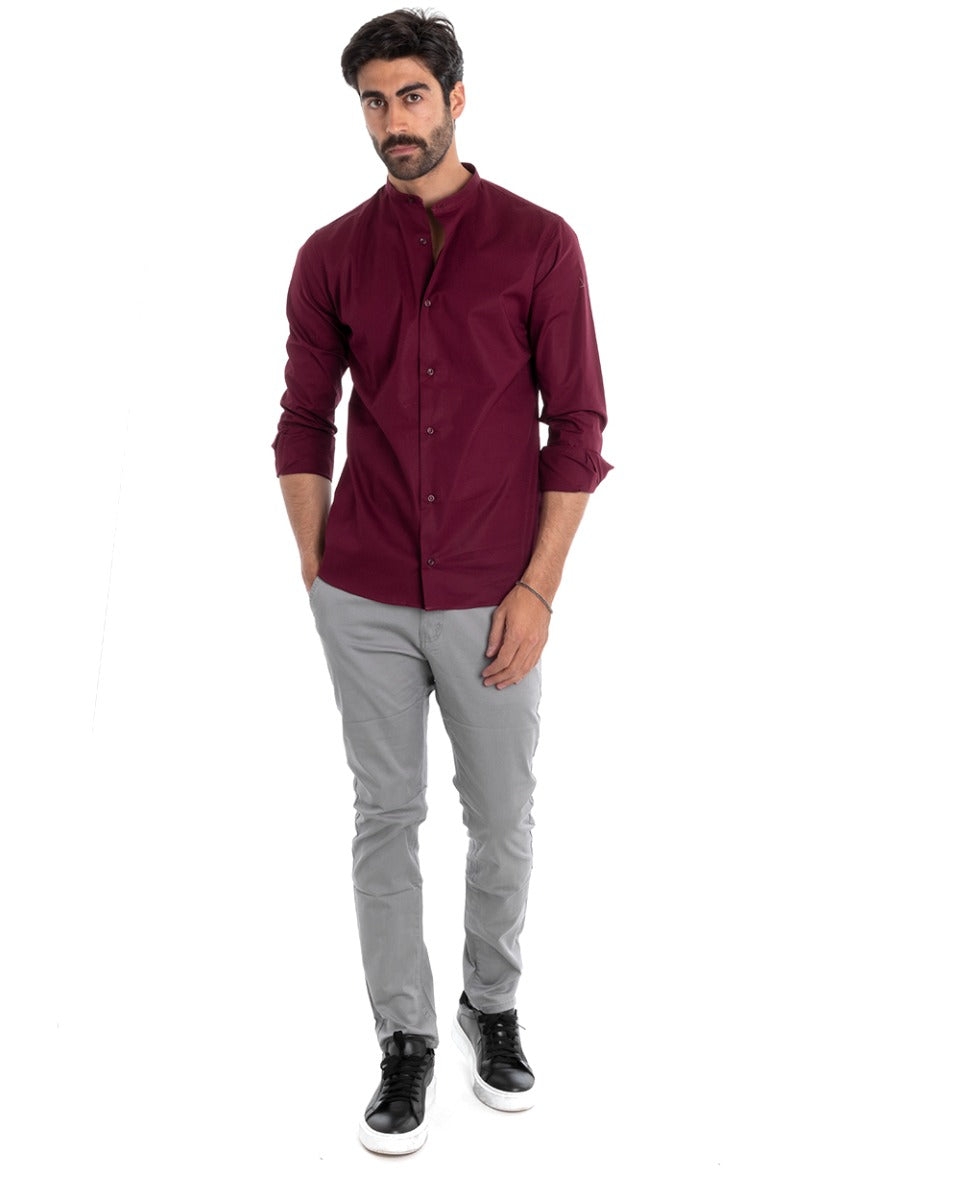 Camicia Uomo Sartoriale Collo Coreano Manica Lunga Basic Cotone Morbido Bordeaux Regular Fit GIOSAL-C2379A