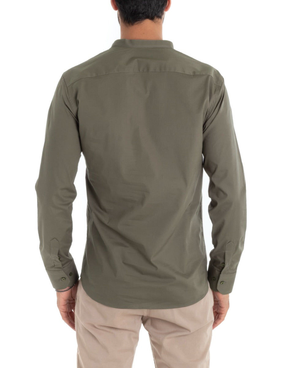 Camicia Uomo Sartoriale Collo Coreano Manica Lunga Basic Cotone Morbido Verde Militare Regular Fit GIOSAL-C2380A