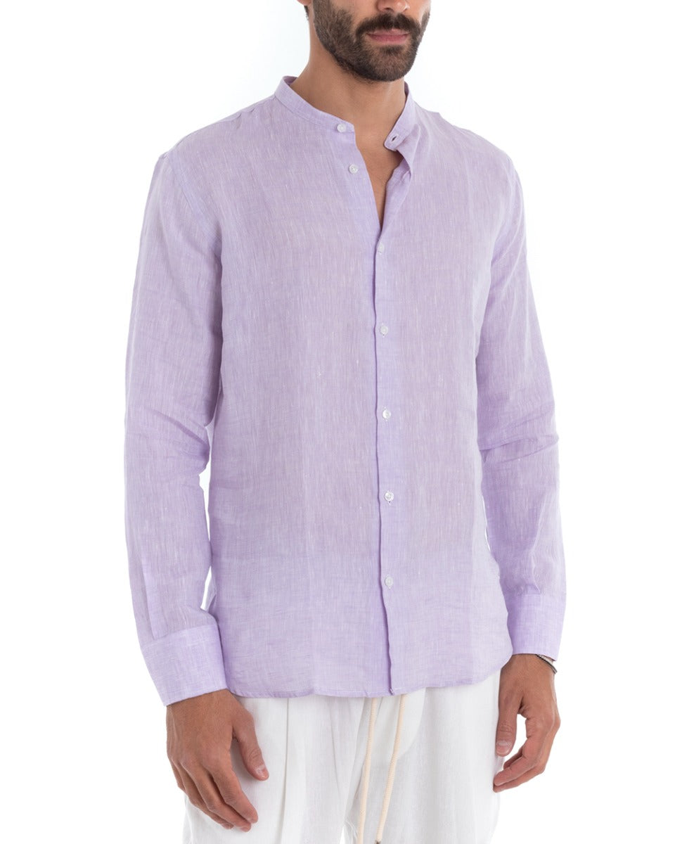 Camicia Uomo Collo Coreano Manica Lunga Regular Fit Lino Melangiata Sartoriale Lilla GIOSAL-C2381A