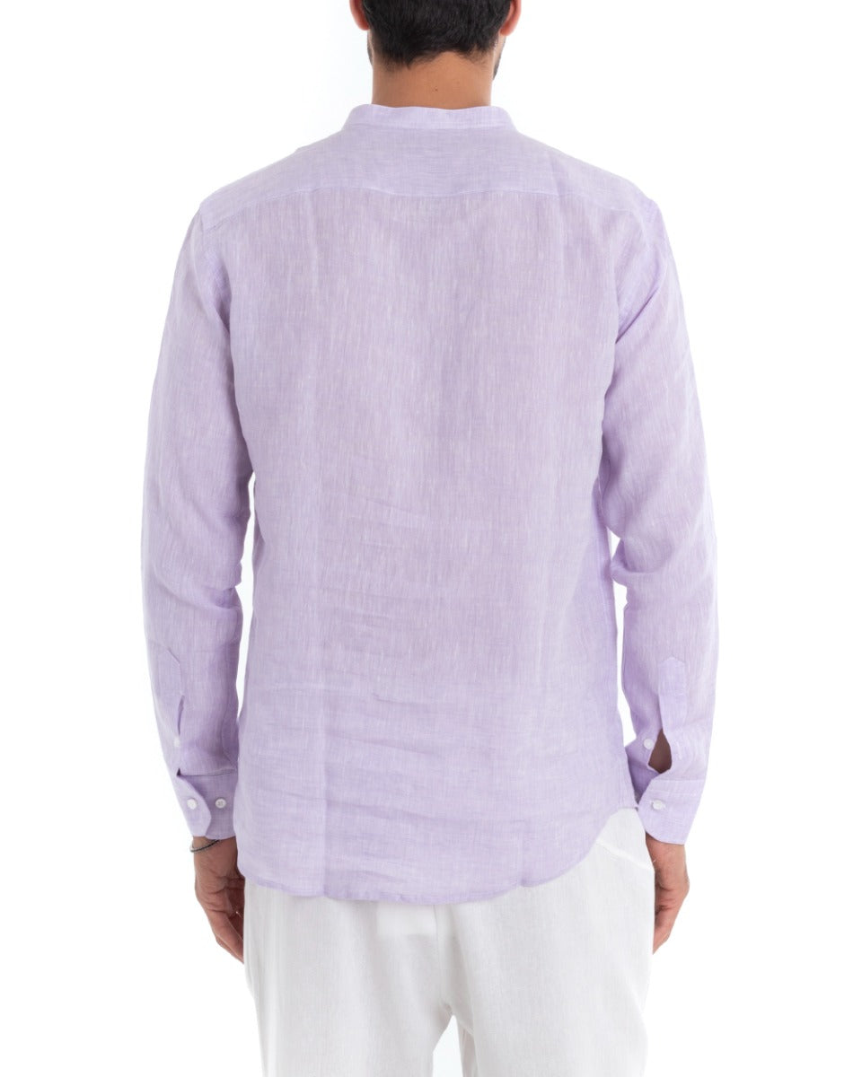 Camicia Uomo Collo Coreano Manica Lunga Regular Fit Lino Melangiata Sartoriale Lilla GIOSAL-C2381A