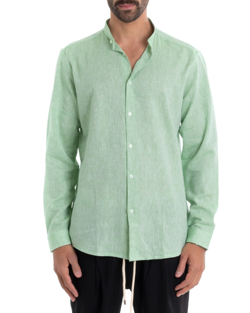 Camicia Uomo Collo Coreano Manica Lunga Regular Fit Lino Melangiata Sartoriale Verde GIOSAL-C2384A