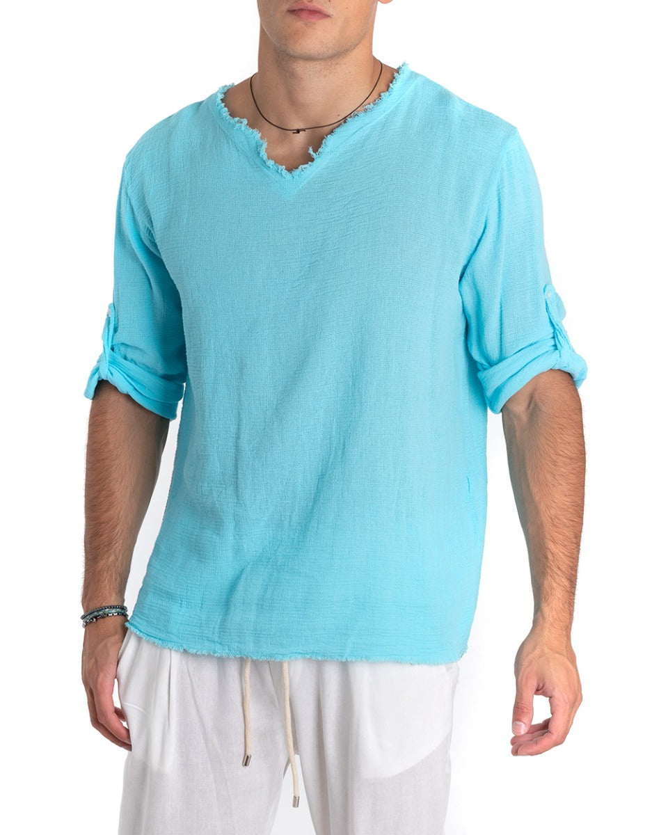 Camicia Uomo Collo V Manica Lunga Regular Fit Cotone Lino Sfrangiata Azzurro GIOSAL-C2407A