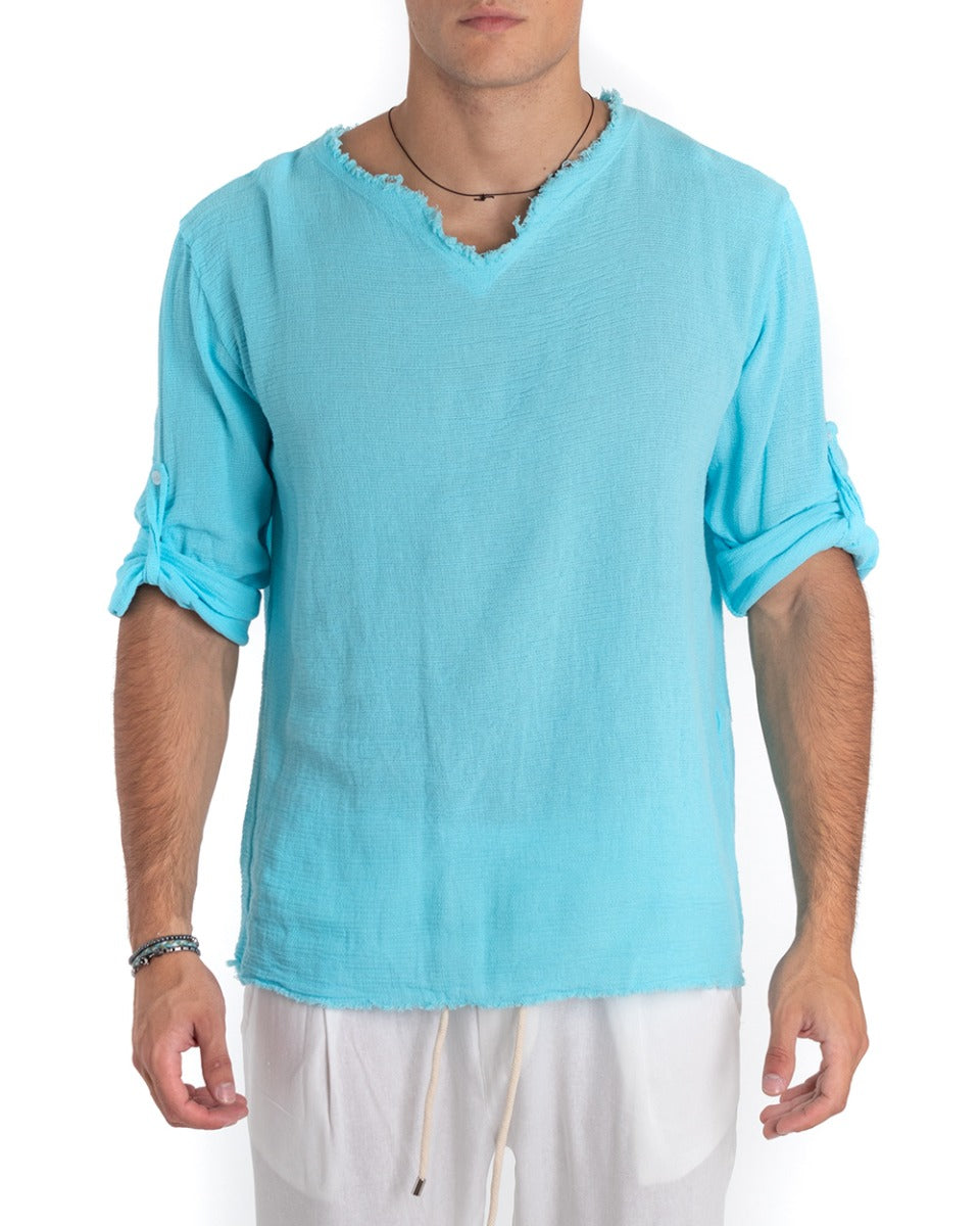 Camicia Uomo Collo V Manica Lunga Regular Fit Cotone Lino Sfrangiata Azzurro GIOSAL-C2407A