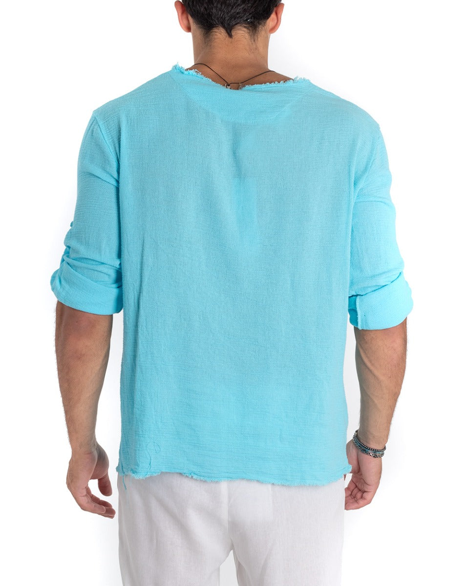 Camicia Uomo Collo V Manica Lunga Regular Fit Cotone Lino Sfrangiata Azzurro GIOSAL-C2407A