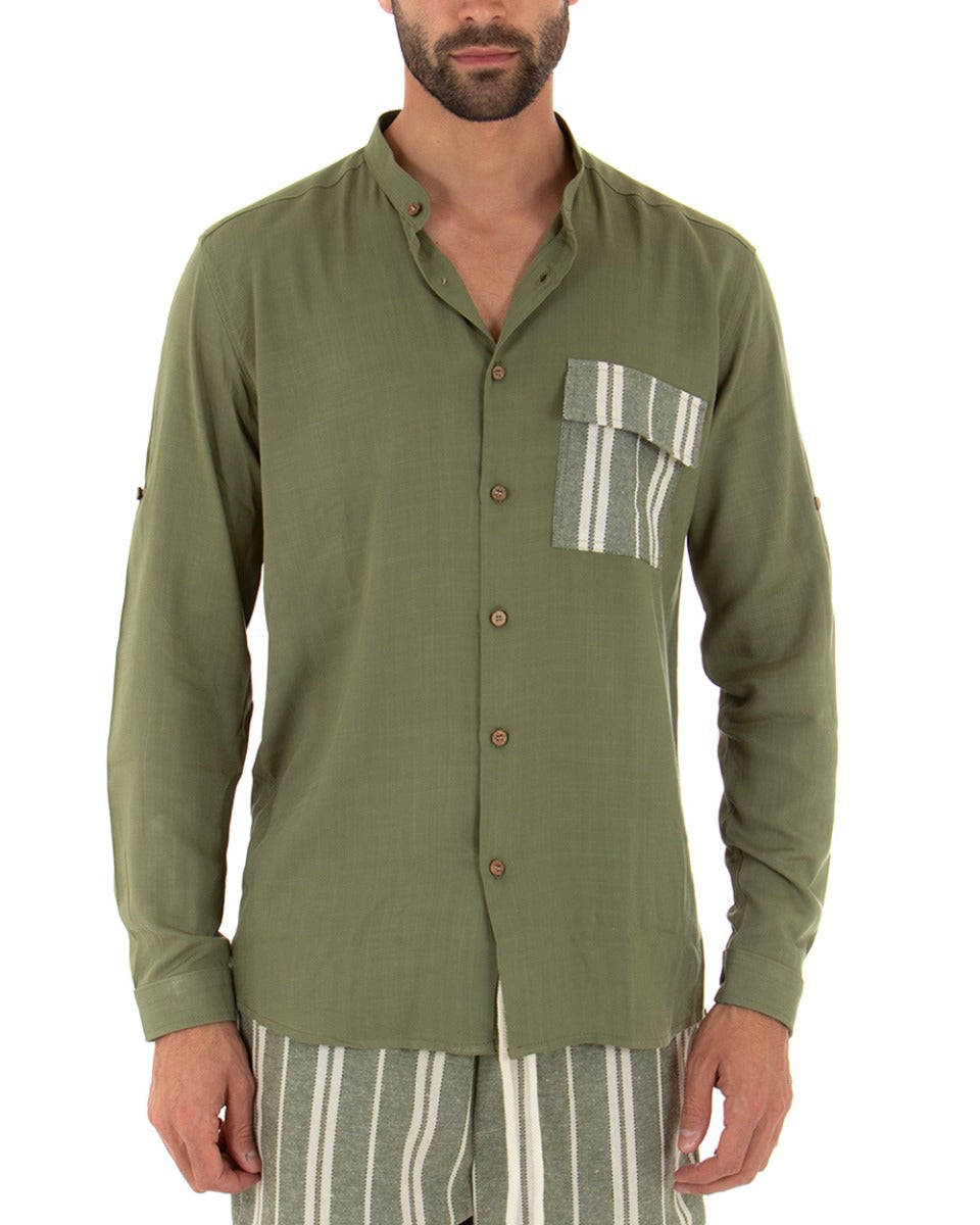 Camicia Uomo Collo Coreano Manica Lunga Regular Fit Viscosa Morbida Verde Militare GIOSAL-C2413A