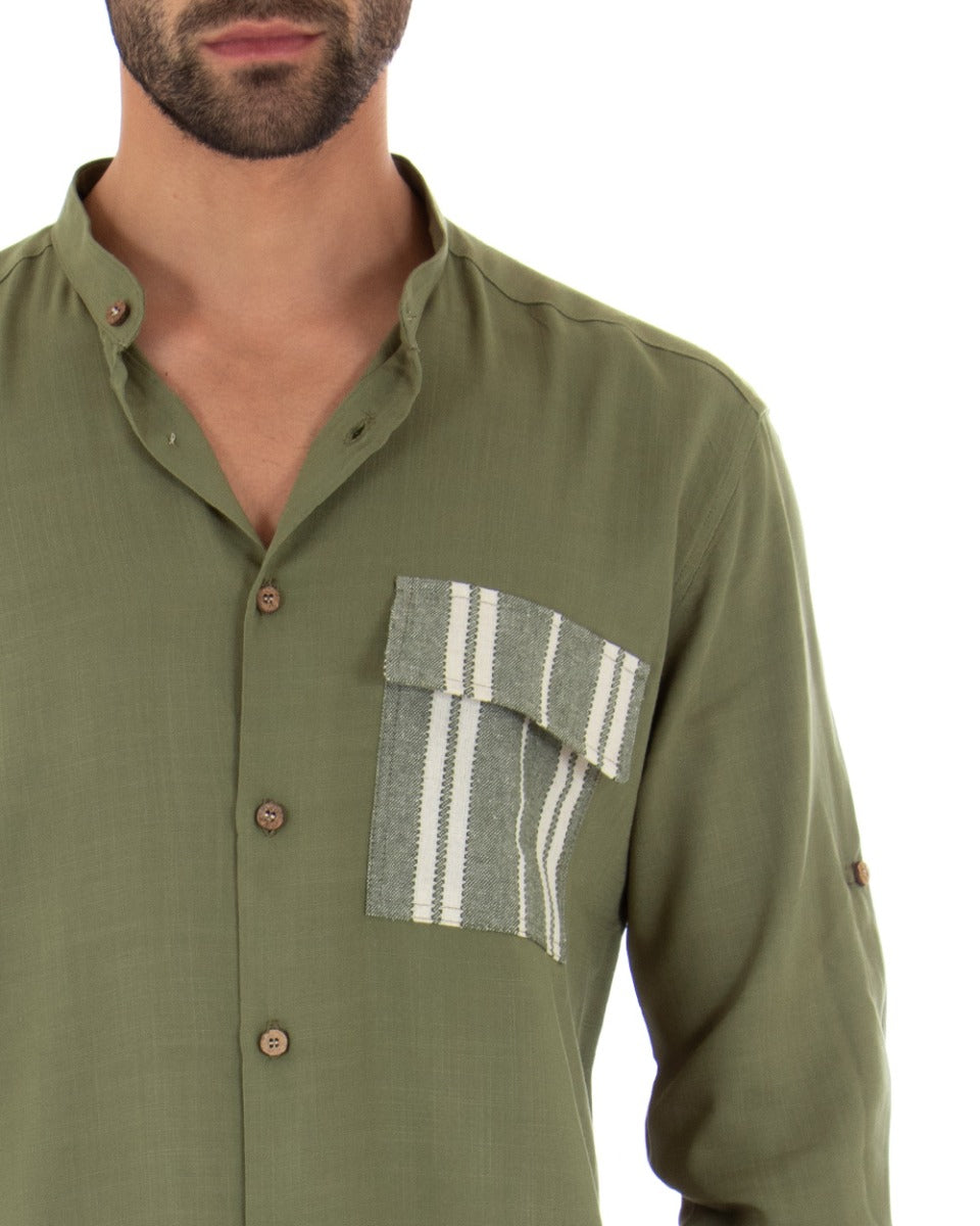 Camicia Uomo Collo Coreano Manica Lunga Regular Fit Viscosa Morbida Verde Militare GIOSAL-C2413A