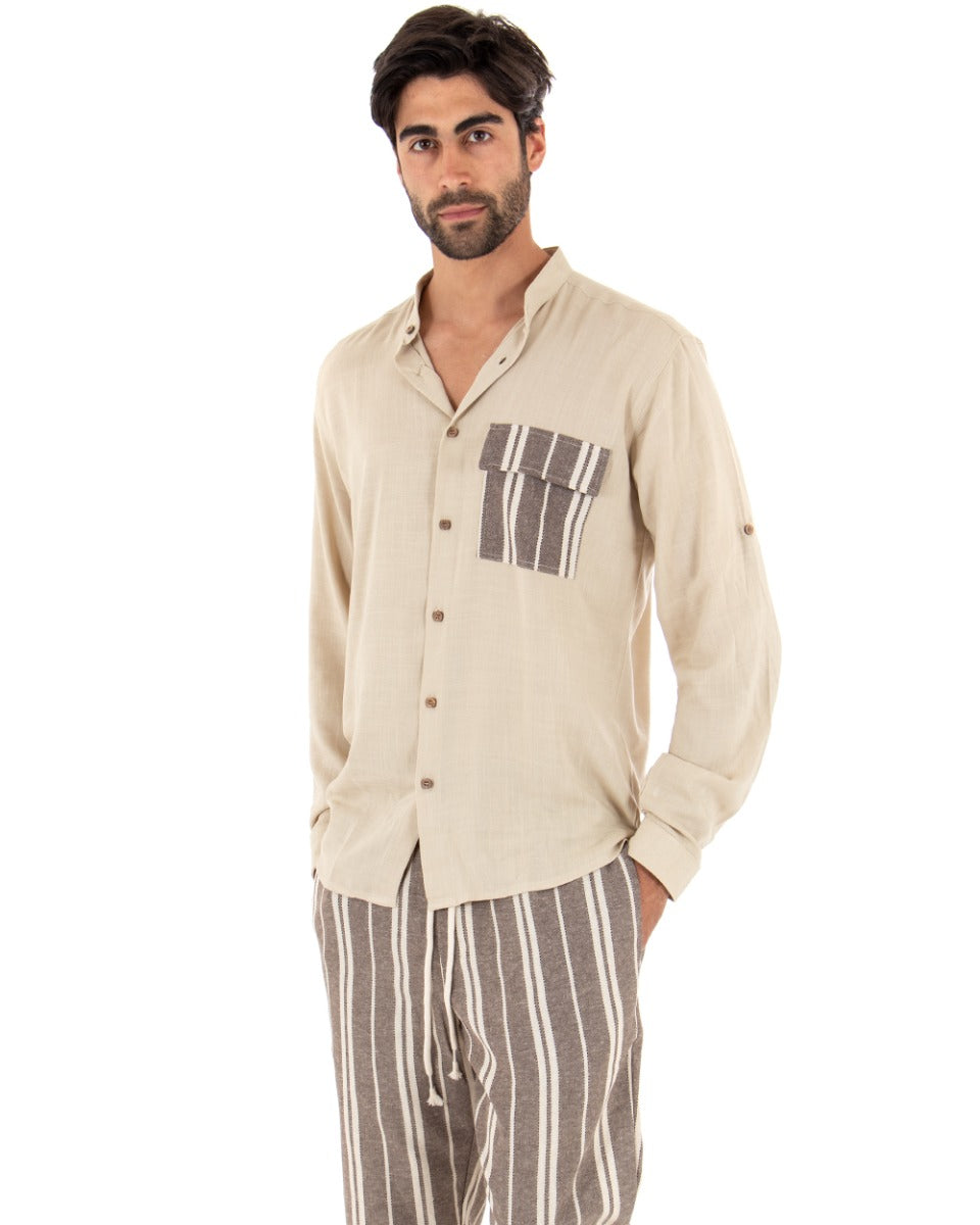 Camicia Uomo Collo Coreano Manica Lunga Regular Fit Viscosa Morbida Beige GIOSAL-C2414A