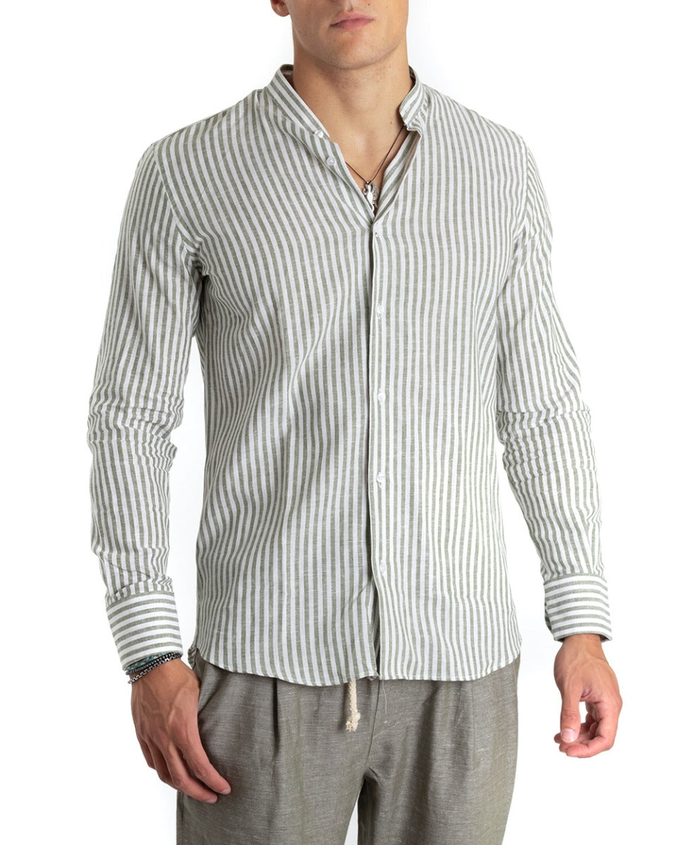 Camicia Uomo Lino Collo Coreano Manica Lunga Regular Fit Riga Stretta Verde GIOSAL-C2416A